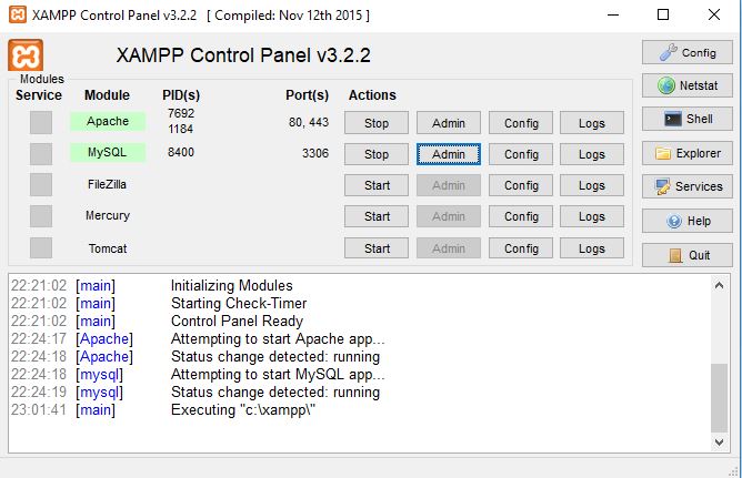 xampp kontrol paneli mysql admin
